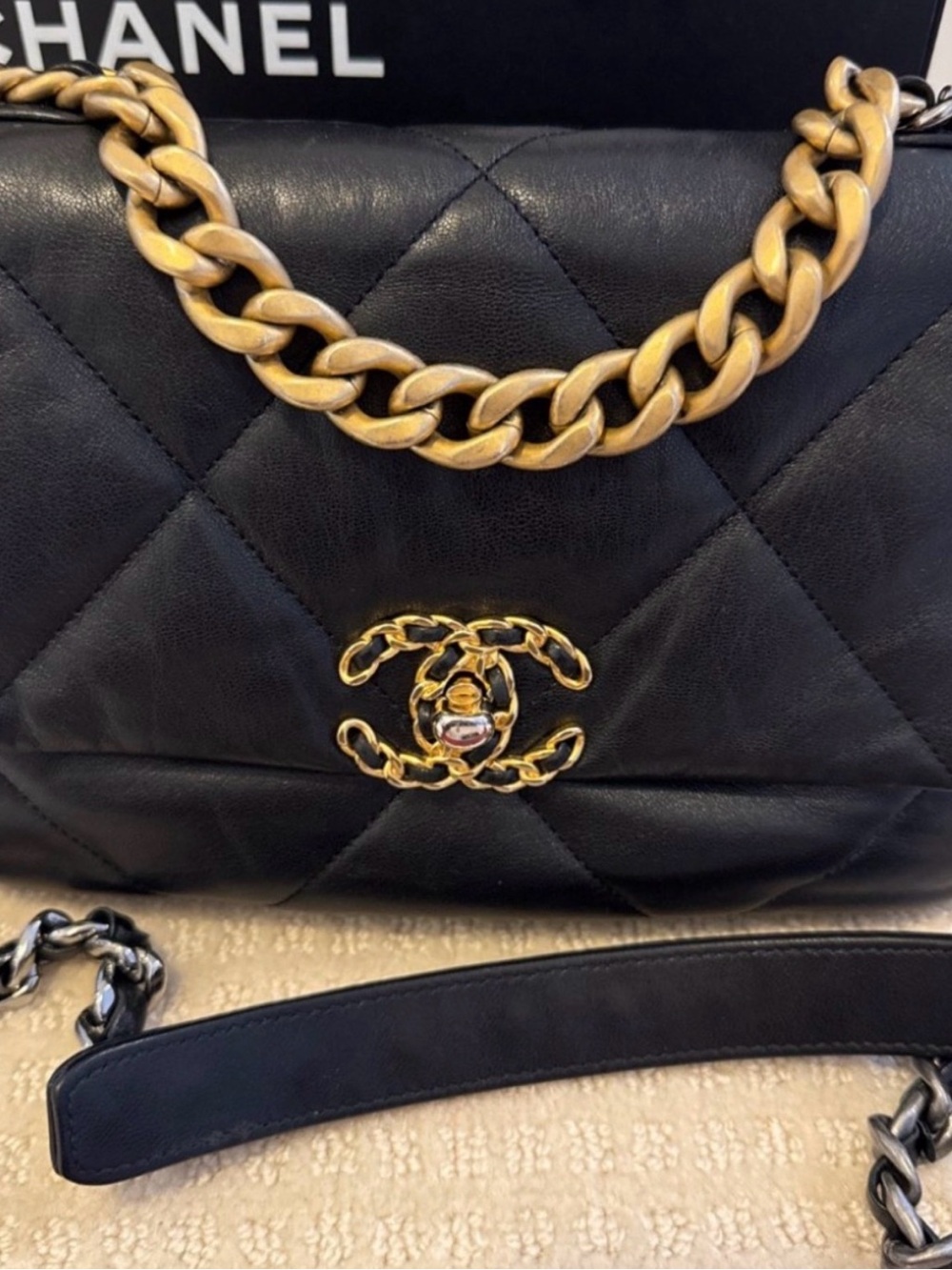 Authentic CHANEL 19 Black Quilted Goatskin Leather Shoulder Bag with Chains
